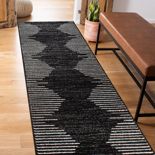 Rugshop Bohemian Stripe Stain Resistant High Traffic Living Room Kitchen Bedroom Dining Home Office Runner Rug 2' x 7' Black
