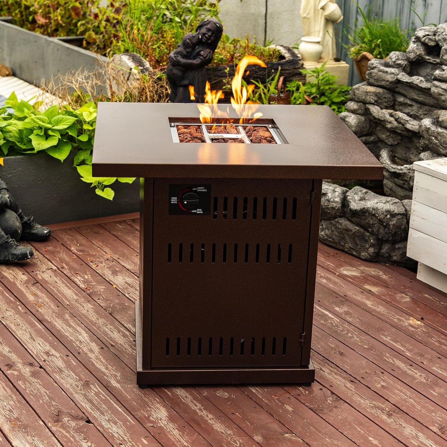 KT Rolster 28" Propane Fire Pit Table, 50000 BTU Outdoor Square Tabletop Fire Pit with Stainless Steel Lid, Modern Smokeless Gas Firepit Table for Outside Patio, Garden, Backyard, Brown