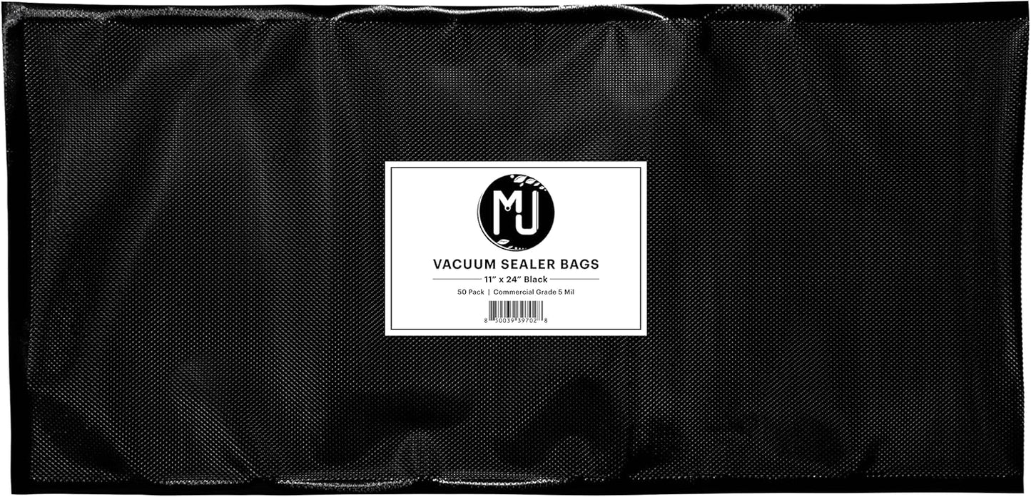 MJ Commercial-Grade Vacuum Sealer Bags for Food Storage, Sous Vide | Case of 500 (11" x 24" 5 Mil, All Black)