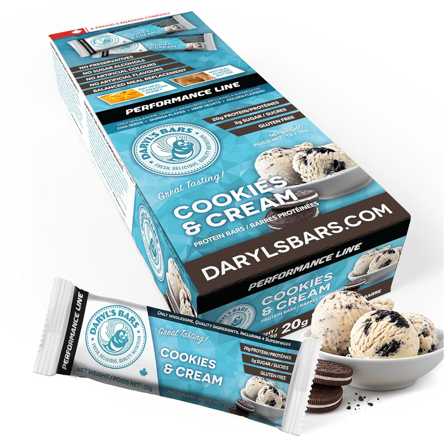 Daryl's Bars Cookies & Cream On the Go Snack On the Go Whey Protein Bars, Gluten Free, 20gr of Protein Snack, Meal Replacement, Pack of 12