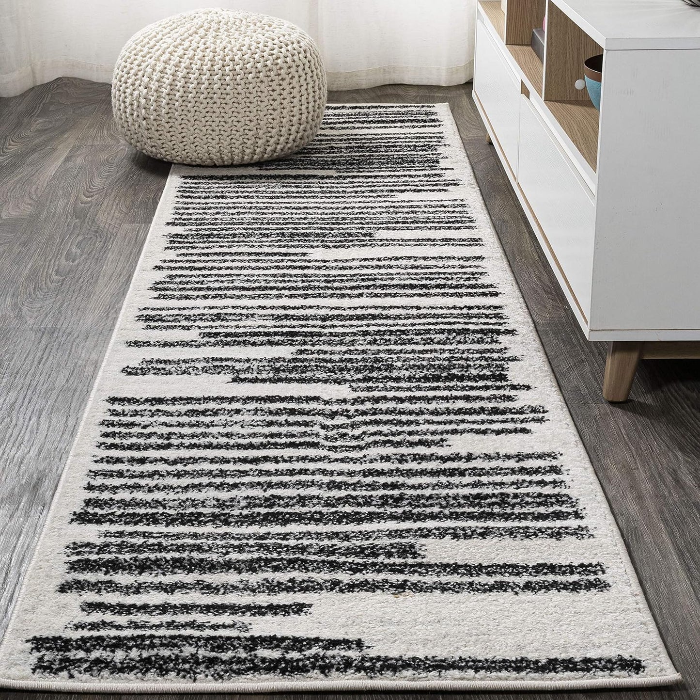 JONATHAN Y Khalil Modern Berber Stripe Cream\/Black Runner Rug, 2x8, Contemporary, Bohemian, Easy-Cleaning for Living Room, Bedroom, Kitchen, Pet Friendly, Non-Shedding (MOH207A-28)