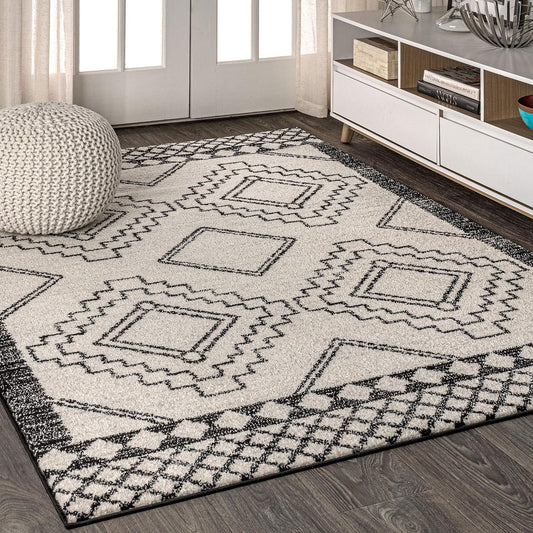 JONATHAN Y Amir Moroccan Beni Souk Cream\/Black Indoor Area Rug, 8x10, Bohemian, Scandinavian, Easy-Cleaning for Living Room, Bedroom, Kitchen, Pet Friendly, Non-Shedding (MOH200A-8)