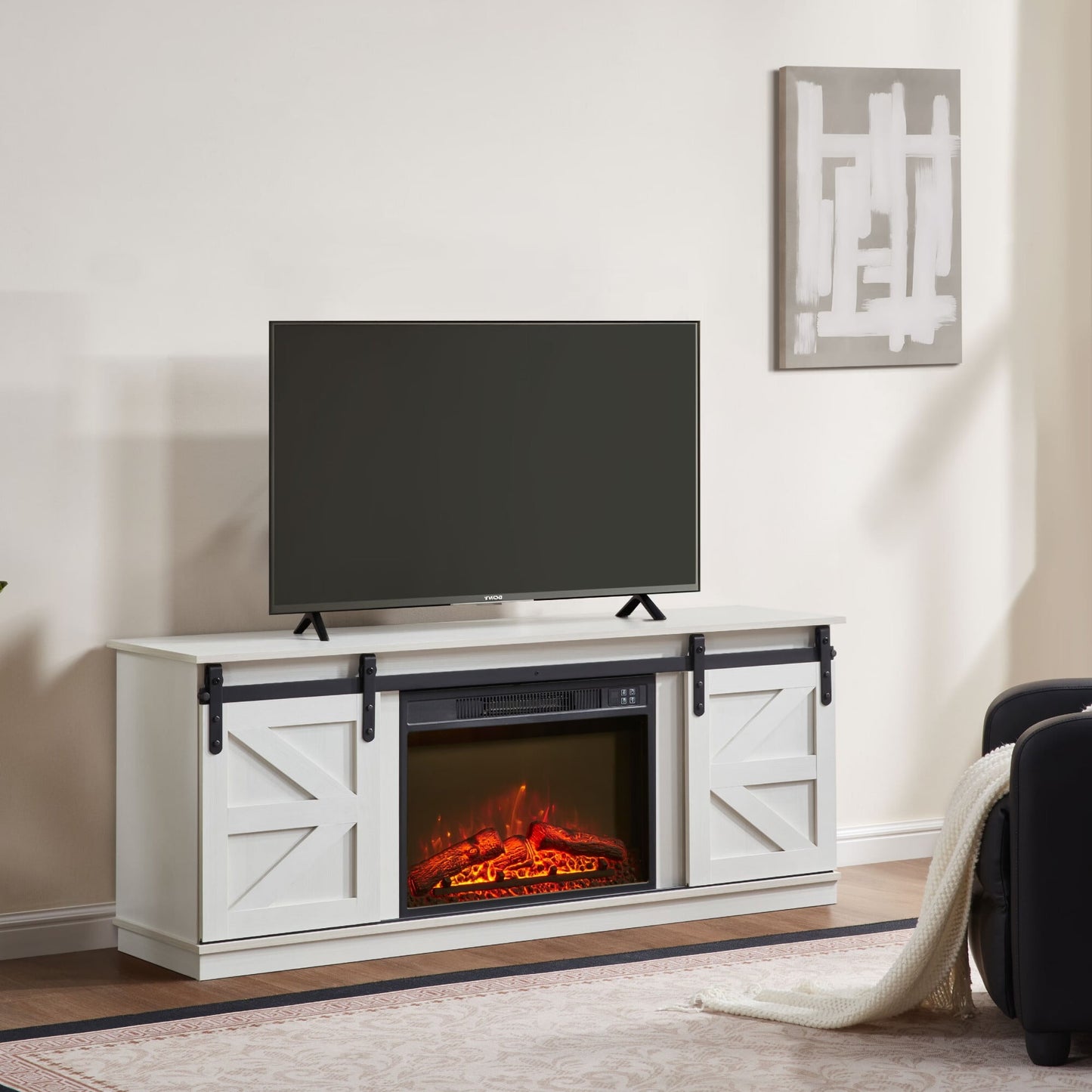 AENKYO 58" Farmhouse TV Stand with Electric Fireplace, Sliding Barn Doors & Adjustable Shelves, Fits TVs up to 65", White