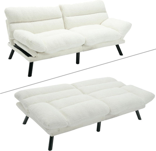AENKYO Futon Loveseat Sofa Bed 2-Seater, Adjustable Backrest Convertible Sleeper - White