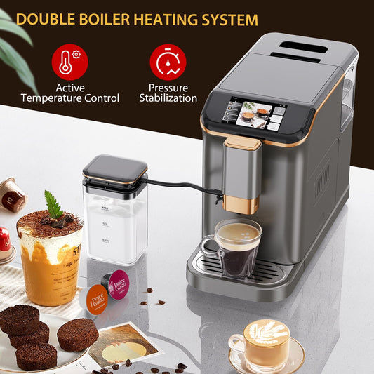 AOILE 20-Bar Dual Boiler Espresso Machine, Self-Cleaning Coffee Maker with Grinder & LCD Touch Panel