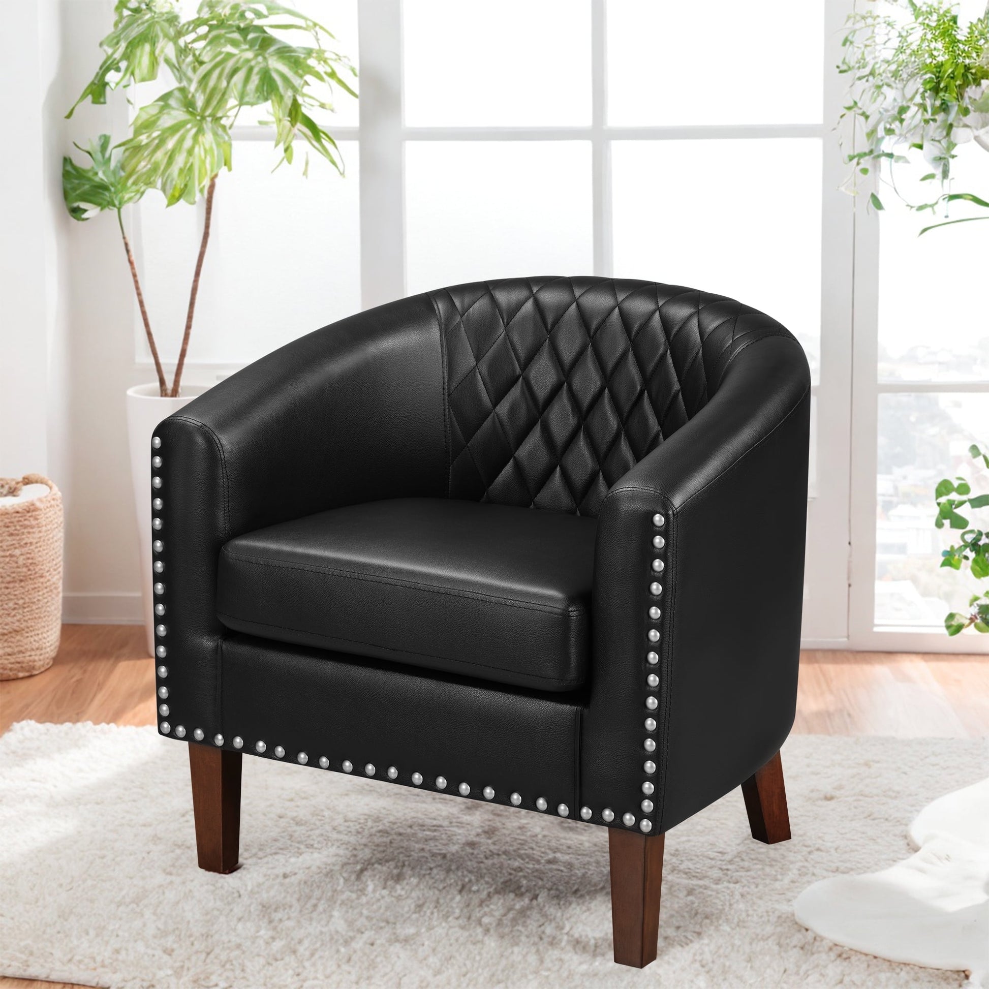 Accent Chair Comfy Barrel Chair Cozy Leather Reading Armchair for Living Room, Black