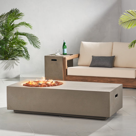 Andreson Lightweight Concrete Outdoor 50,000 BTU Rectangular Fire Pit Table with Tank Holder, Light Gray