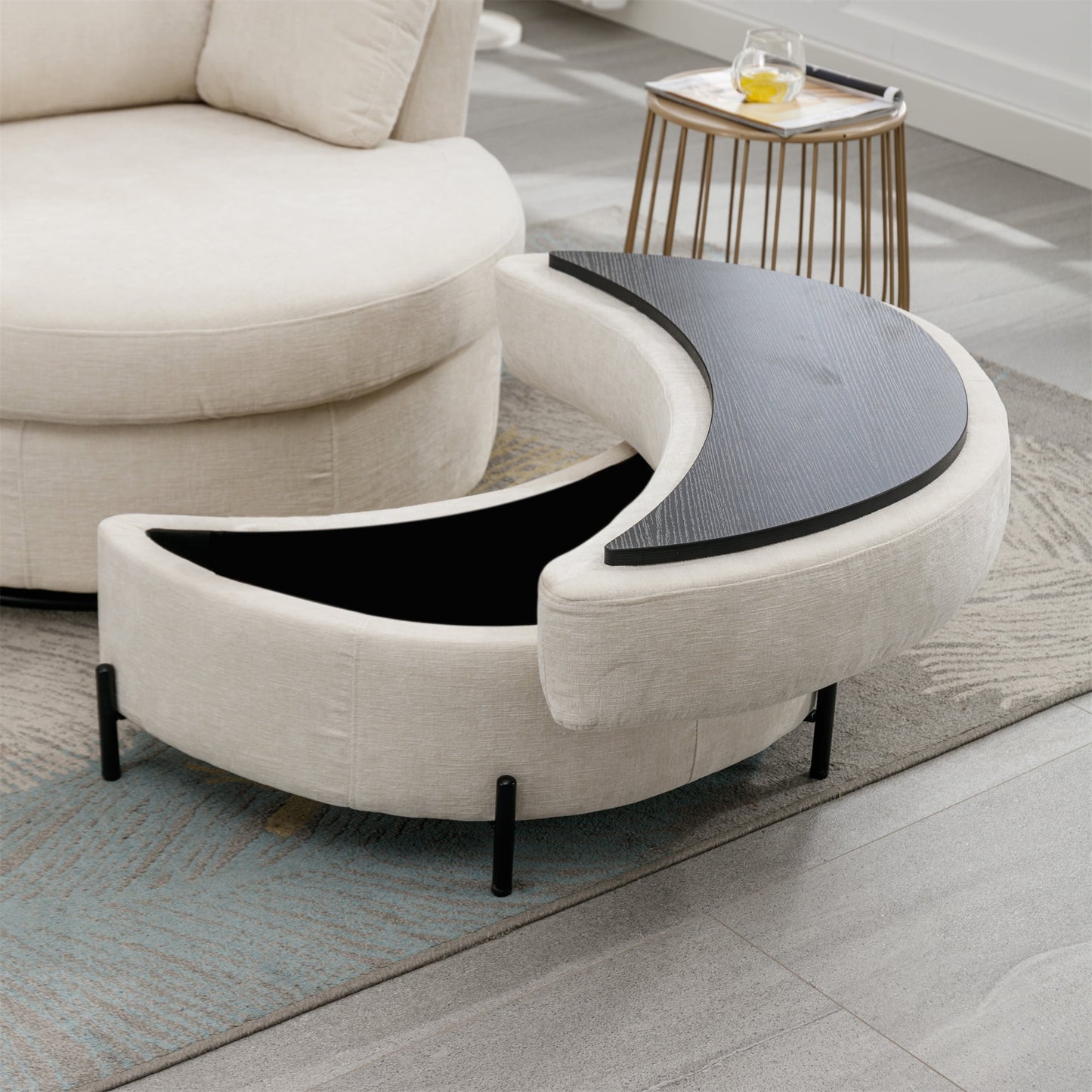 Aukfa 33" Storage Ottoman, Convertible Bench, Side Table for Living Room, Half Moon Shape, Black