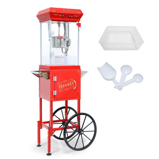 Aukfa Popcorn Machine with Cart - Vintage Popper Maker with 6oz Kettle, Oil Spoon and Scoop, Movie Theater Style, Red