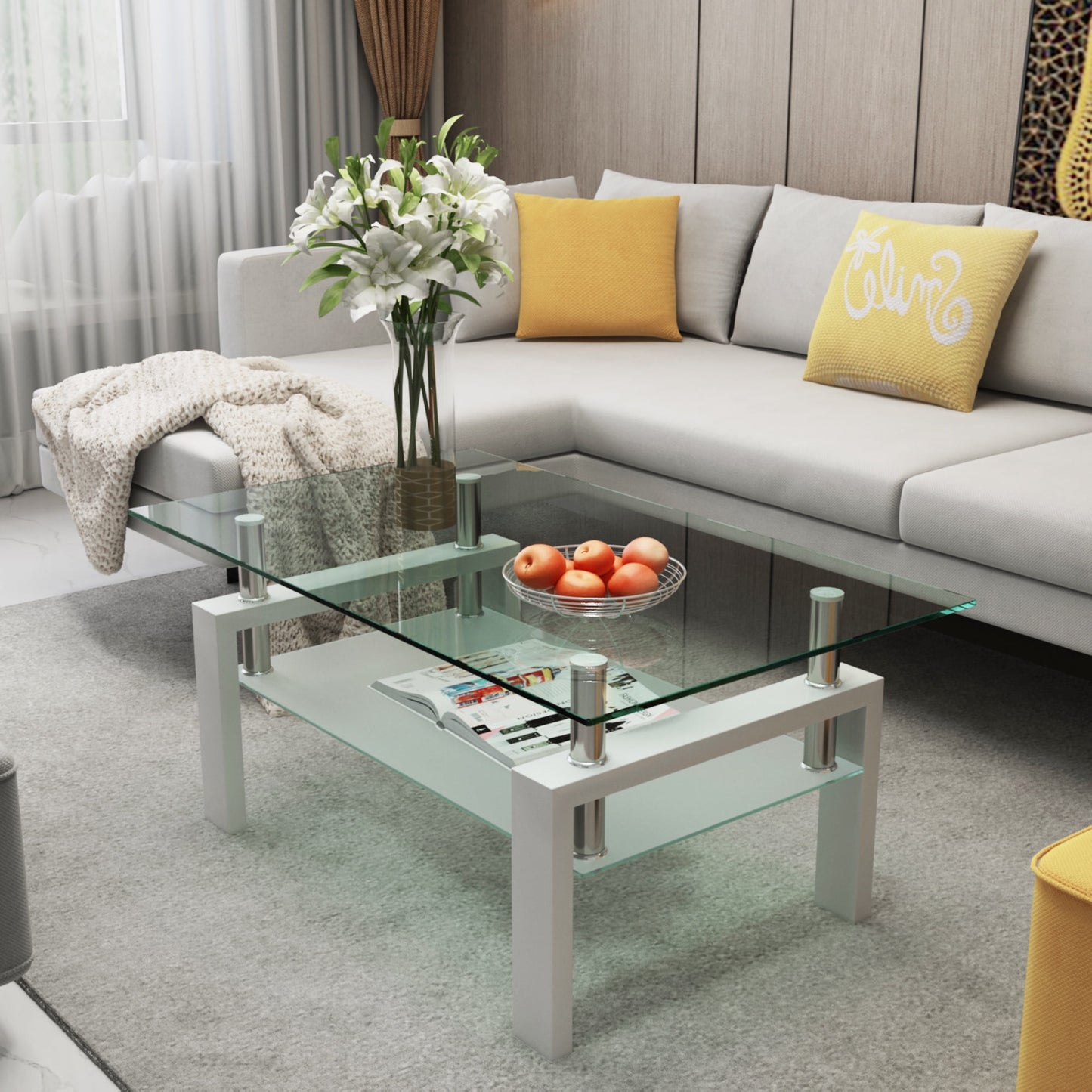 Aukfa Rectangle Tempered Glass Coffee Table Metal Tube Legs End Table for Living Room, Silver