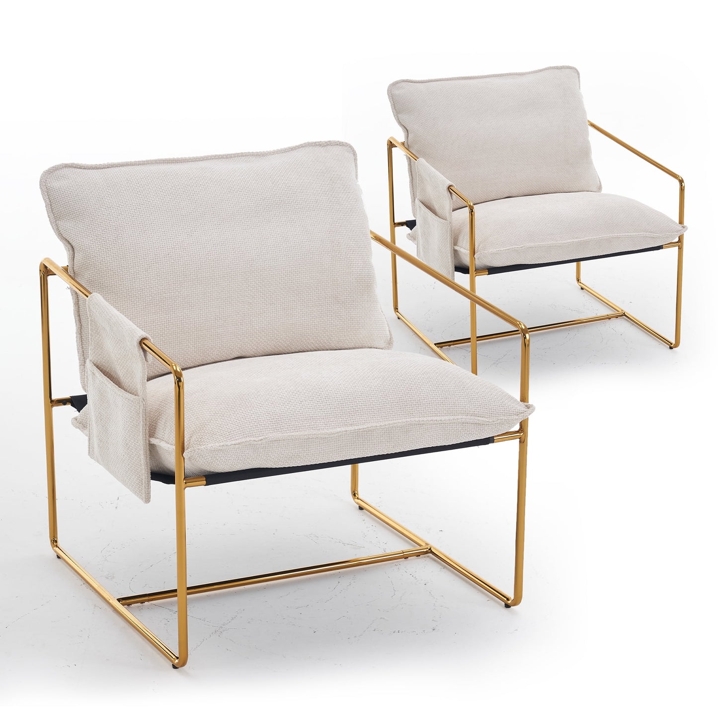 Aukfa Set of 2 Upholstered Sling Accent Chairs, Hanging Armchairs with Arm Pocket, Metal Frame & Crushed Foam Cushions for Living Room/Bedroom, Dark Gray