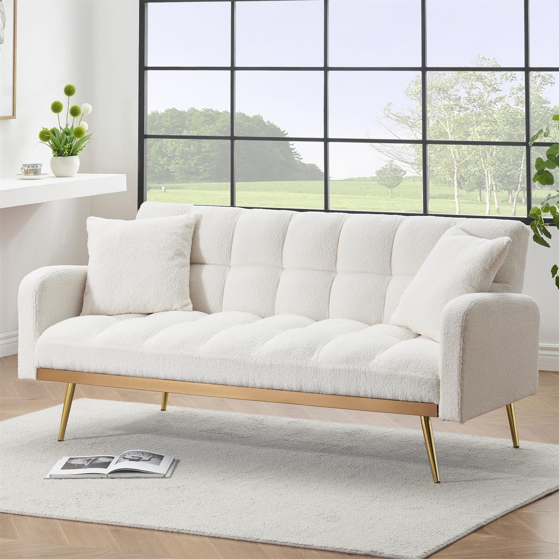 Aukfa Square Tufted Futon Convertible Sofa Bed for Home Office, 2 Pillows, Teddy Fleece, Beige
