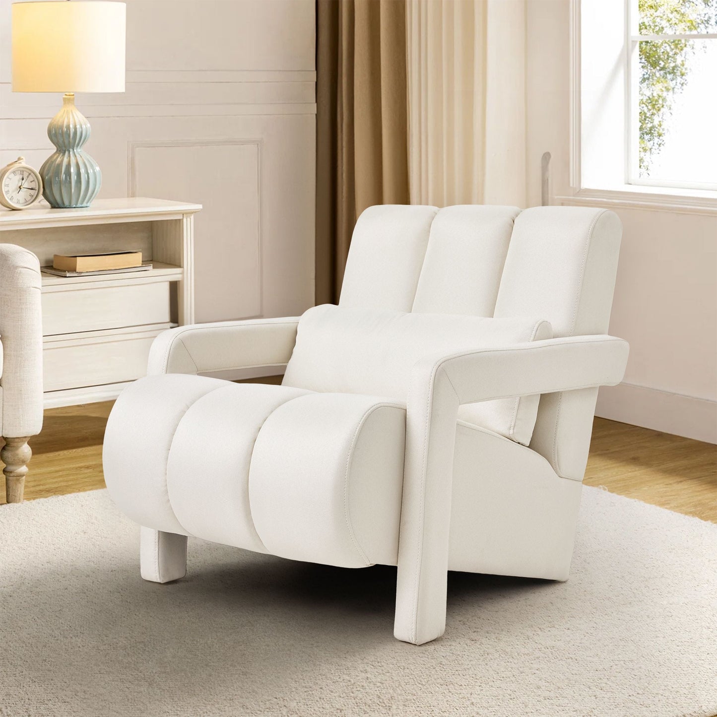 Aukfa Upholstered Accent Chair with Pillow, Mid Century Armchair for Living Room Bedroom, Linen, Beige