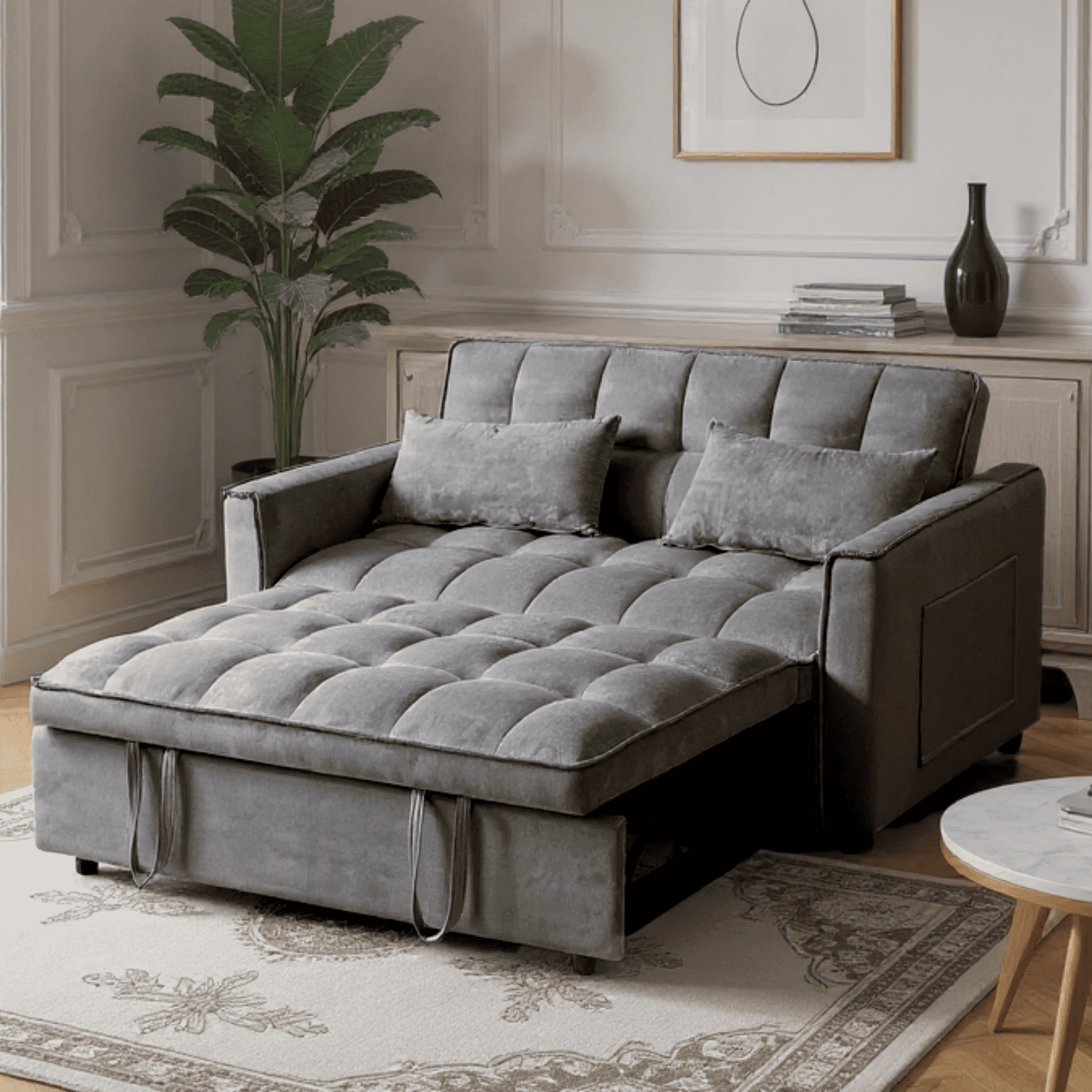 BSHTI 52.75” Pull-out Sleeper Sofa Bed,Solid Wood Frame,3 Adjustable Rreclining Angles,Two Matching Pillows,Easy Assembly,Velvet Fabric Loveseat,Medium Gray