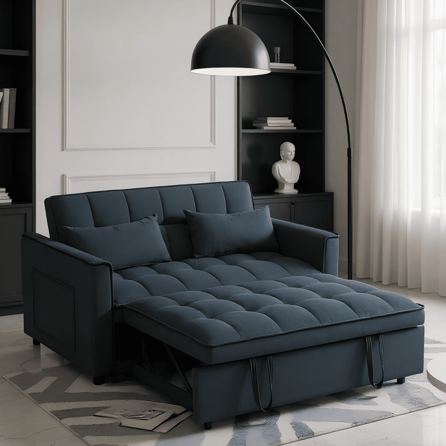 BSHTI 52.75-inch Pull-out Sleeper Sofa Bed, Velvet Upholstery, Solid Wood Frame, 3-Angle Adjustable Backrest, Storage Side Pocket, Twin-Size Bed, Black