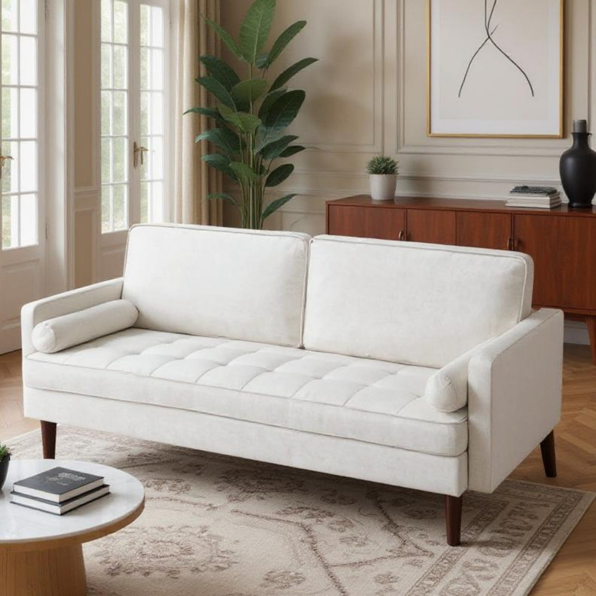 BSHTI 65” Modern Loveseat, Removable Cushion Covers, with 2 Bolster Pillows, Fine Linen Upholstery Couch, Easy Setup, Beige