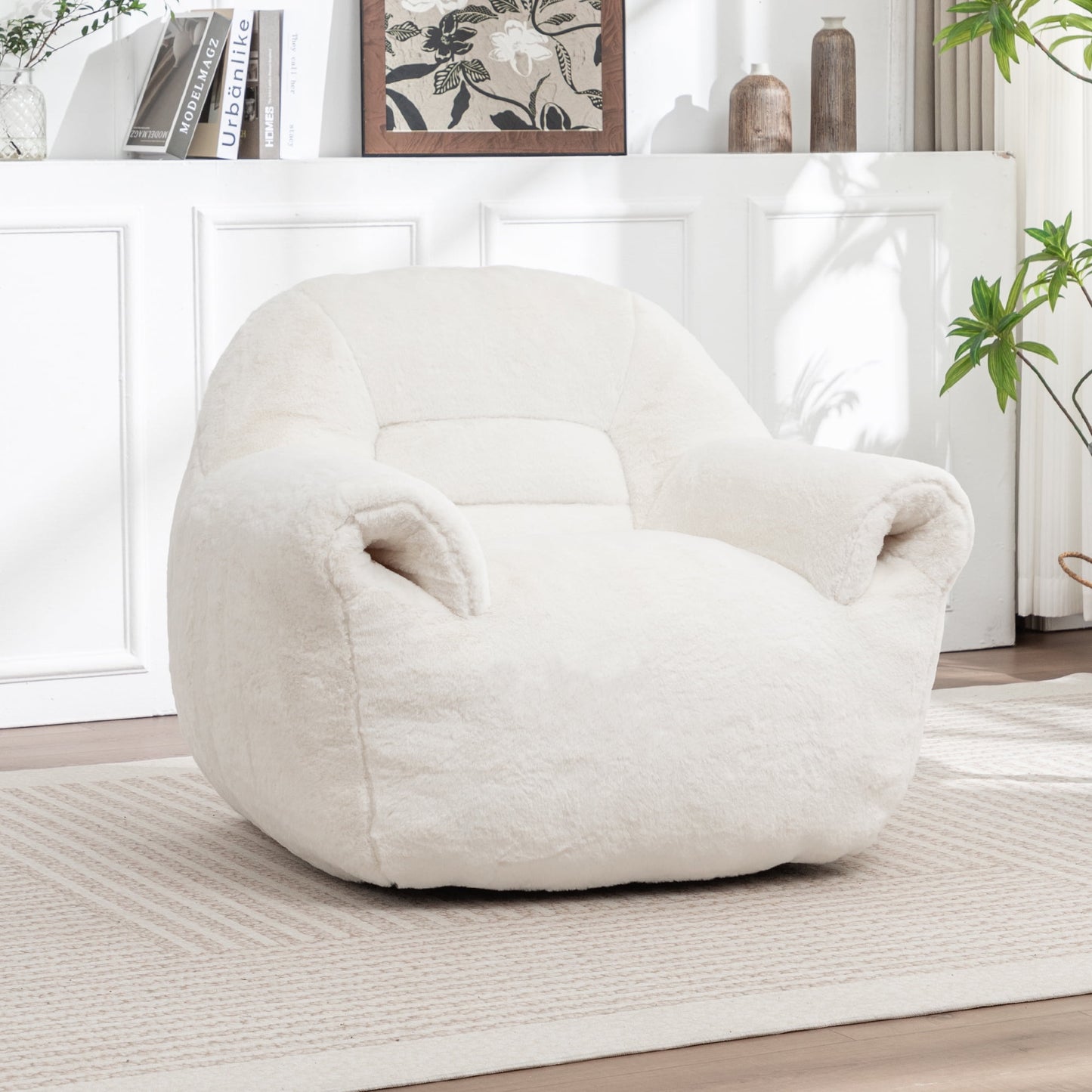 Bean Bag Chair, Comfy Bean Bag Sofa with Back Support, Faux Fur Bean Bag Chair for Adults and Kids, Stuffed Floor Sofa for Living Room, Bedroom, White