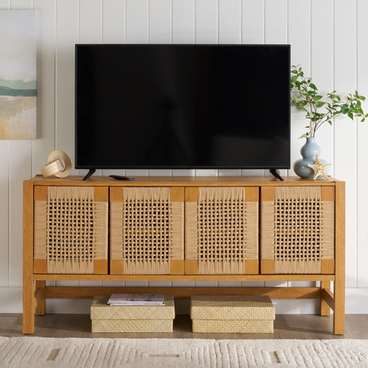 Better Homes & Gardens Vista Woven Coastal TV Stand for TVs up to 65", Light Honey
