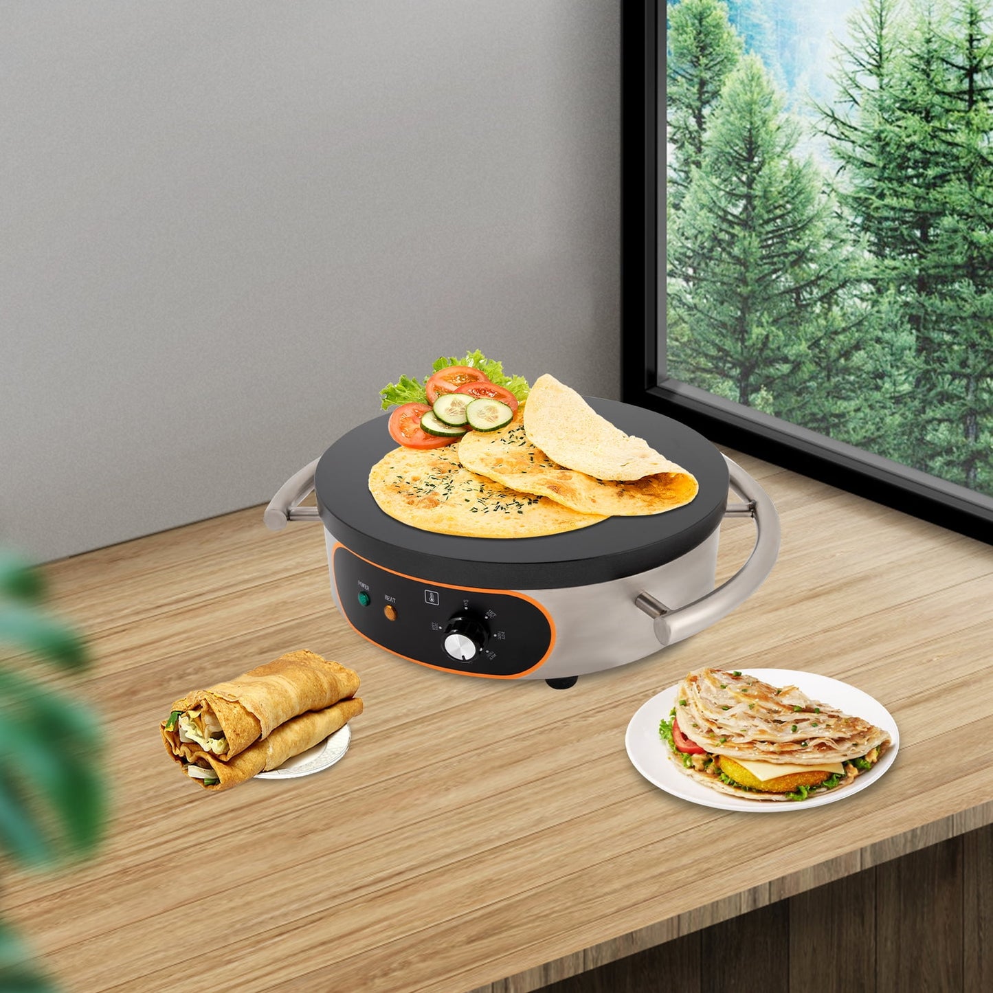 ChicHomey Crepe Maker, 16-Inch Non-Stick Griddle, 1500W Power, Uniform Heating, Stainless Steel and Cast Iron, Constant Temperature Function, Food-Grade Safe Coating, Easy Maintenance