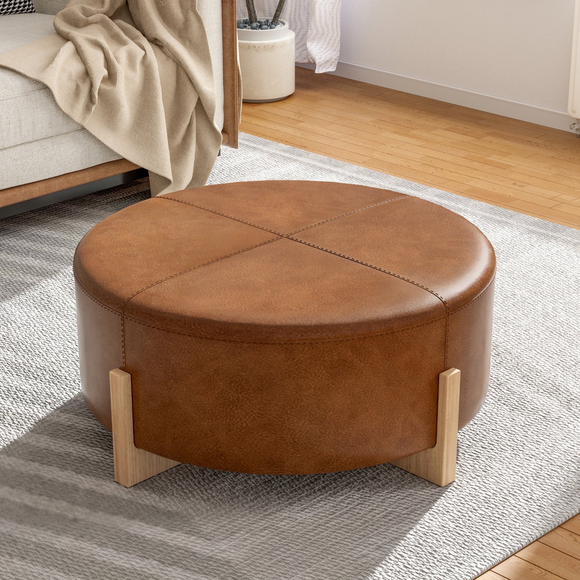 Christopher Knight Home Modern 34" Round PU Leather Ottoman with Solid Wood Legs, Multi-Functional Footstool & Coffee Table, Brown