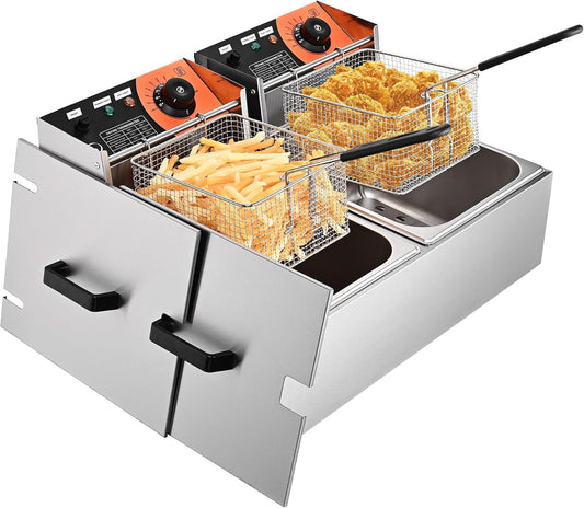 Commercial Deep Fryer 24L 5000W with Dual Tank Baskets Stainless Steel Electric Countertop Fryer for Restaurant Bar