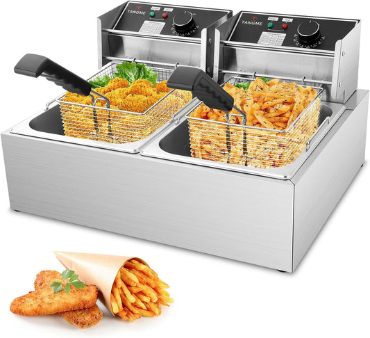 Commercial Deep Fryer - 3400W Electric Deep Fryers with 2x6.35QT Baskets 0.6mm Thickened Stainless Steel Countertop Oil Fryer 20.7QT Large Capacity with Temperature Limiter (12L)