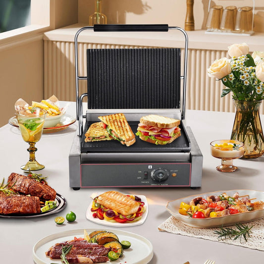 Commercial Electric Panini Press, Contact Grill, Non-Stick Coating for Sandwiches Burgers