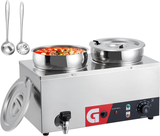 Commercial Soup Warmer 2X7.4QT - Stainless Steel Buffet Bain Marie, 86-185℉, Adjustable Temp, Anti-Dry Burn, Reset Button, 1200W Electric Food Warmer for Restaurant
