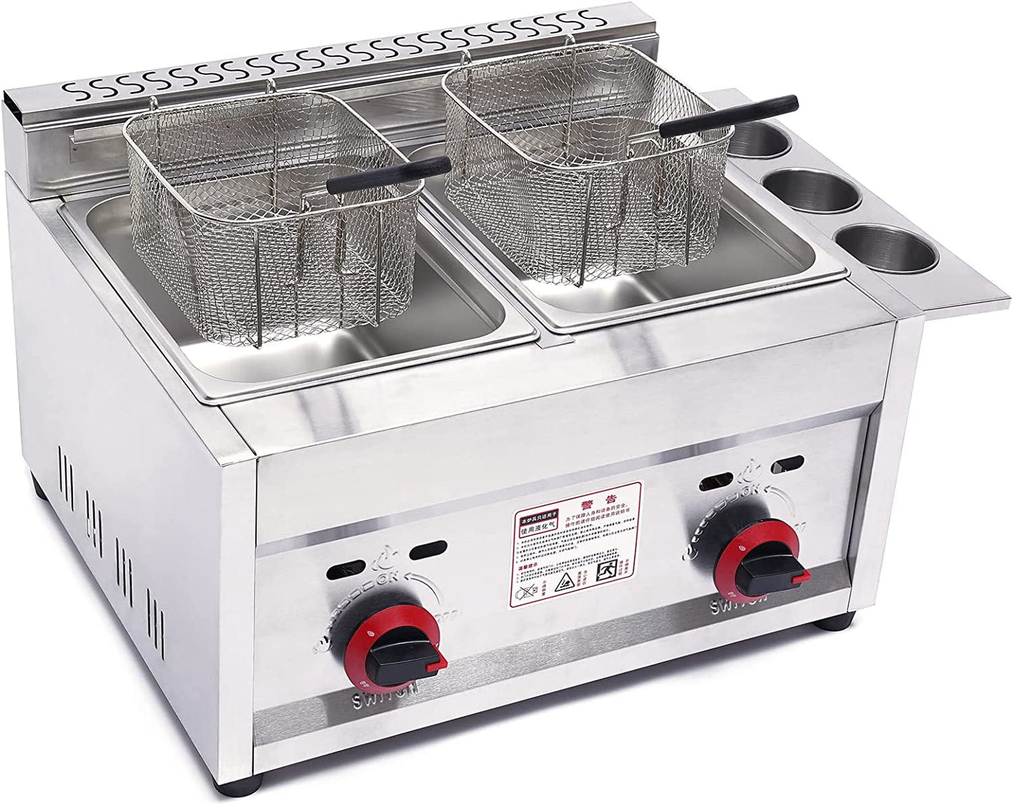 Countertop Gas Fryer Deep Fryer, 12L Petroleum Gas 2Basket Stainless Steel Dual Tank Electric Deep Fryer w/2 Removable Baskets & Lid for Restaurant And Home Snack Bars