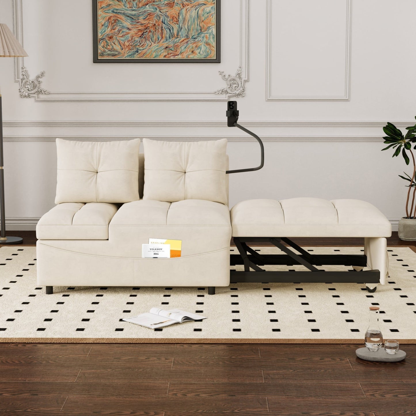 DEALTOPS Convertible Sleeper Chair Bed, Modern Velvet 4-in-1 Sofa with USB Ports, Phone Stand & Side Pocket, Gray