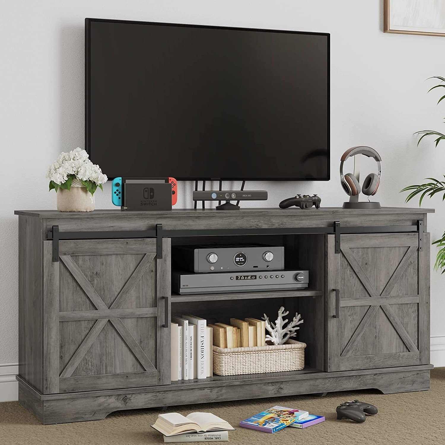 DEXTRUS Rustic TV Stand for 65 Inch TV, Entertainment Center with Sliding Barn Door, Wood TV Media Console for Living Room, Grey