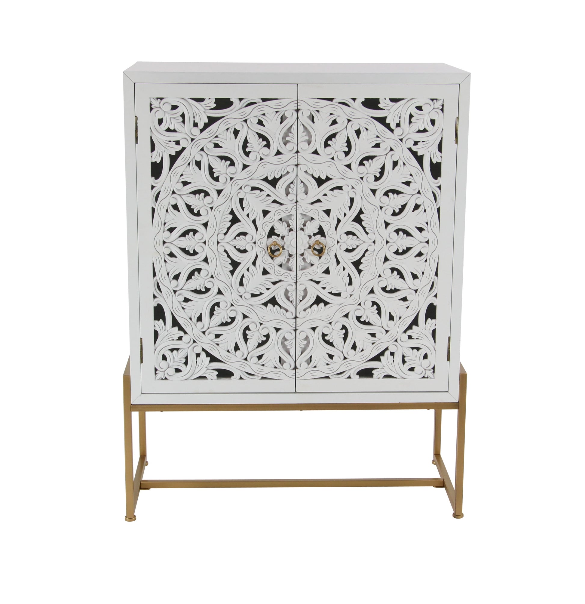 DecMode 30" x 42" White Wood Intricately Carved 1 Shelf and 2 Doors Floral Cabinet, 1-Piece