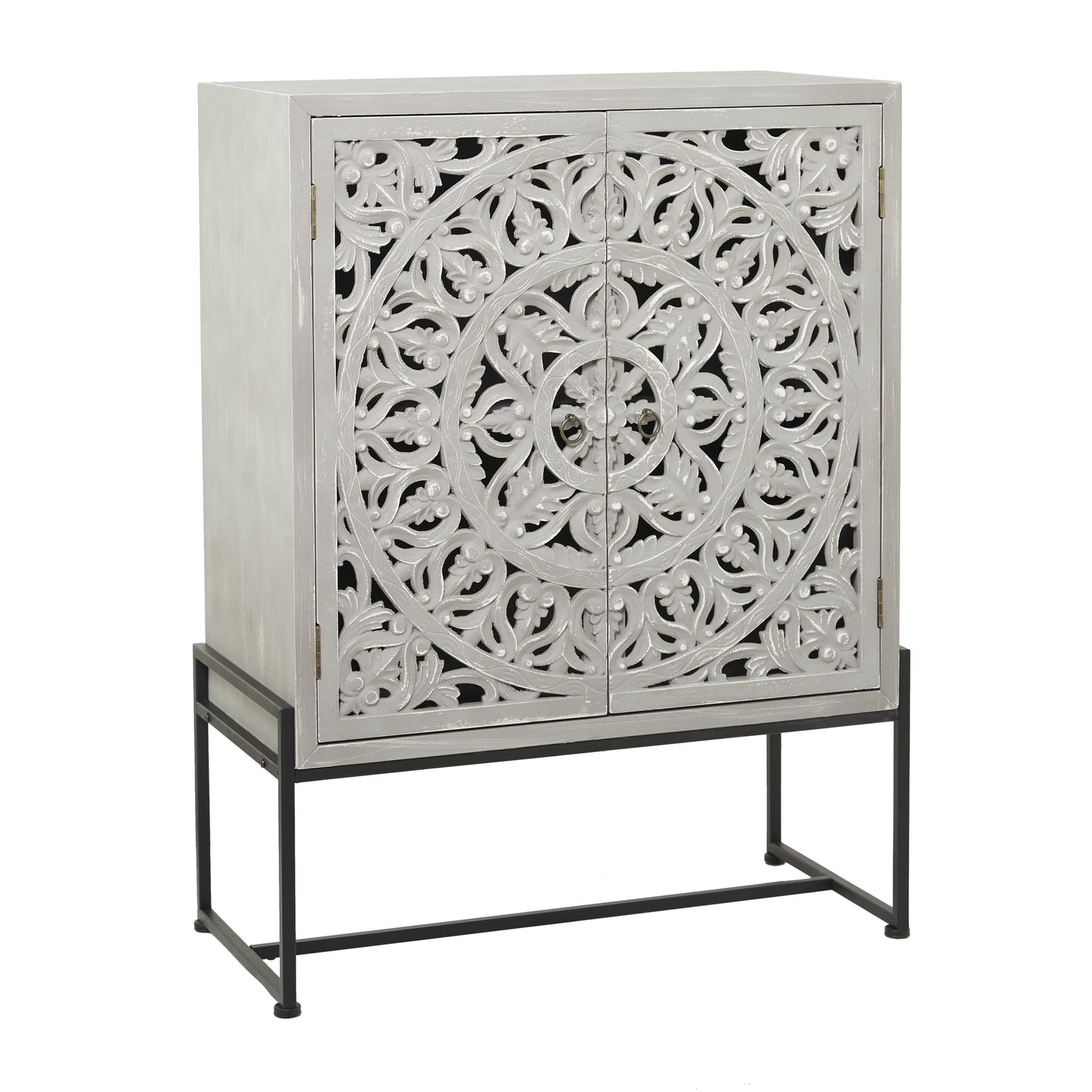 DecMode 30" x 42" White Wood Intricately Carved 1 Shelf and 2 Doors Floral Cabinet, 1-Piece