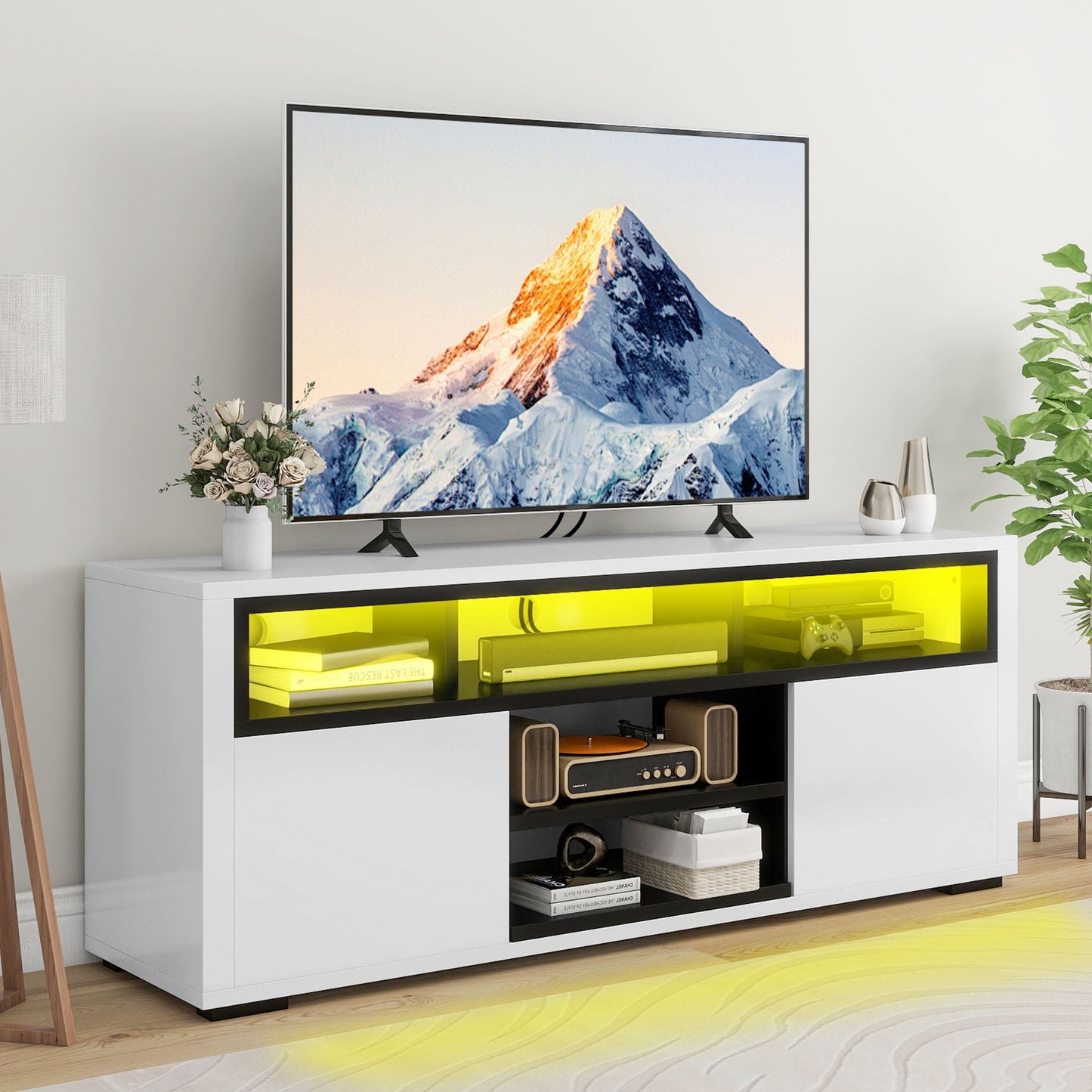 Dextrus High Gloss TV Stand with LED Ambient Lights, Modern TV Stand with Open Shelf Storage Cabinet for 62 inch TV, White