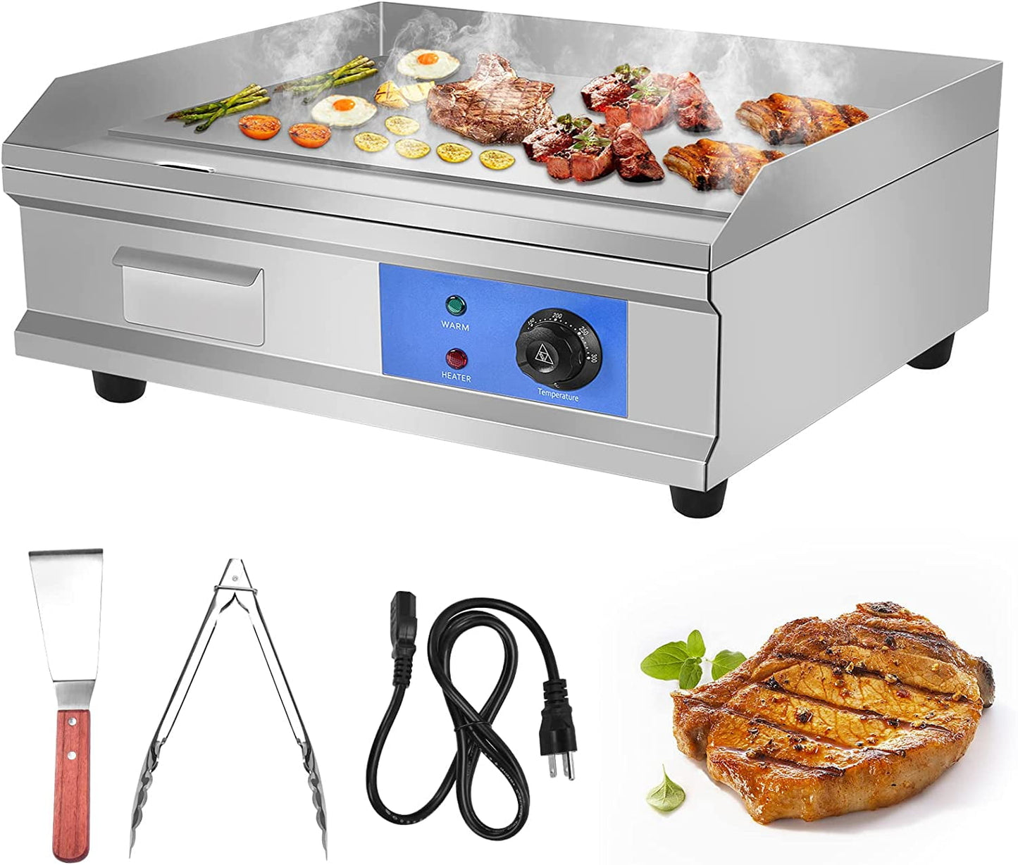 EAYSG 3000W 21.6" Electric Countertop Flat Top Griddle Grill Non-Stick Commercial Restaurant Teppanyaki Grill Stainless Steel Tabletop Flat Top Grill Machine with Adjustable Thermostatic Control,110V