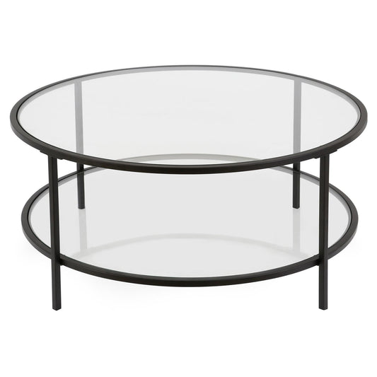 Evelyn&Zoe Sivil 36" Wide Round Coffee Table with Glass Top, Blackened Bronze