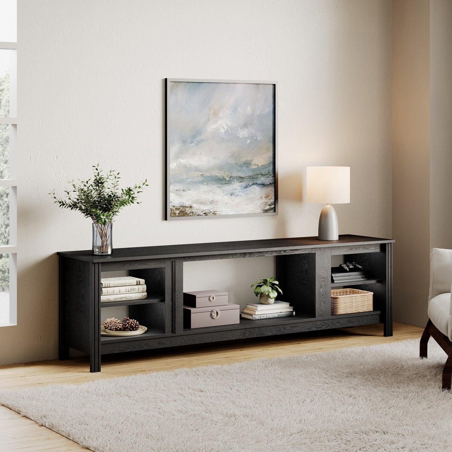 FITUEYES Farmhouse Entertainment Center for 75" TVs, Media Console Cabinet with 5 Cubby for Living Room, Black