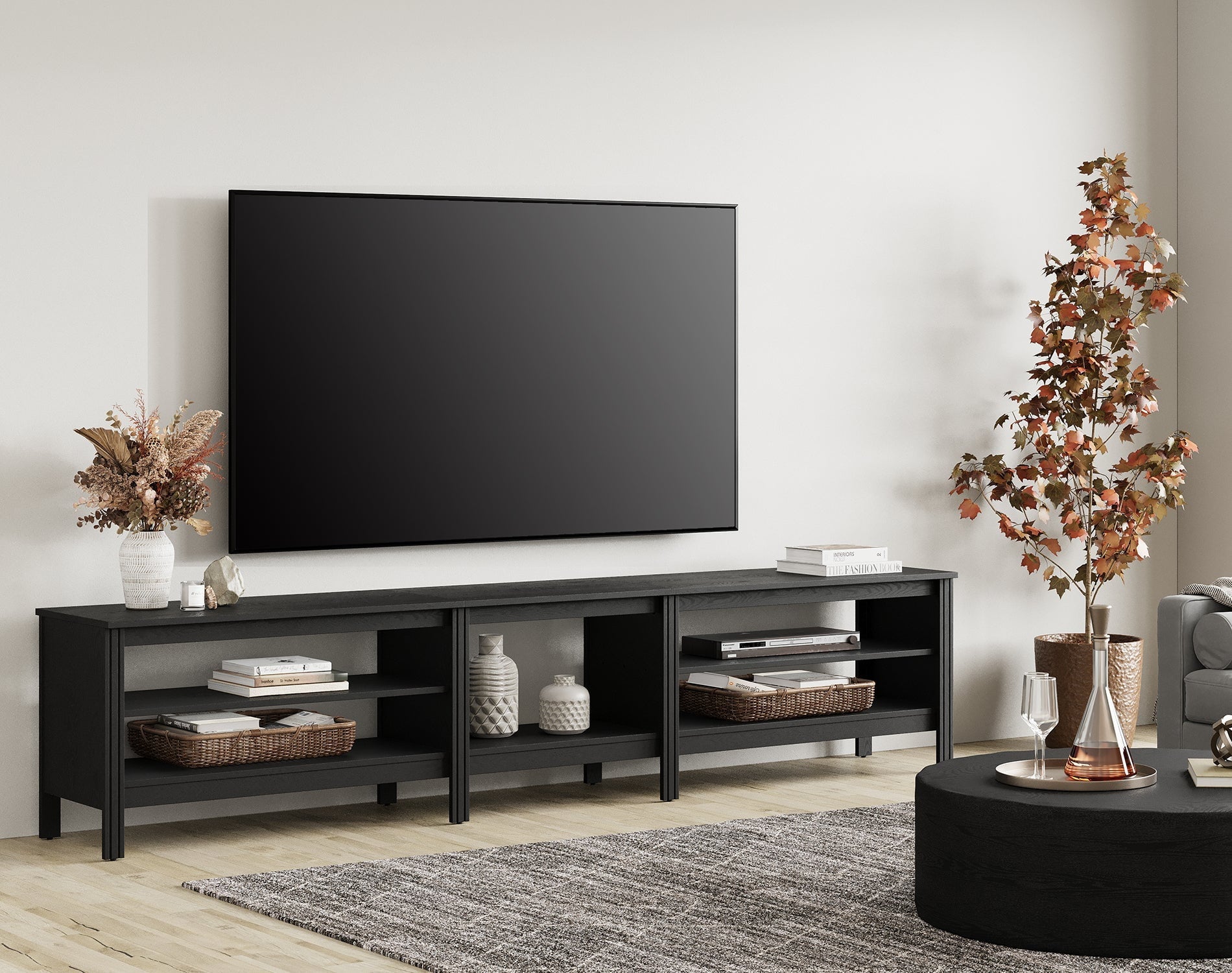 Fitueyes 94" Wood TV Stand for 85-100" TVs, Media Console with Open Shelves for Living Room Bedroom, black