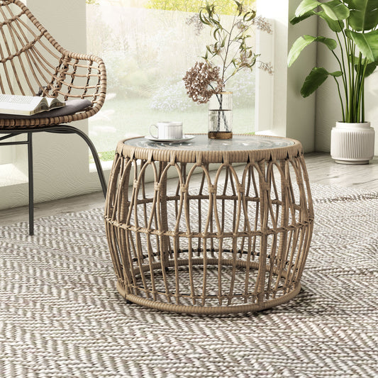 Furniture of America Roja Round Glass Top and Rattan Natural Coffee Table