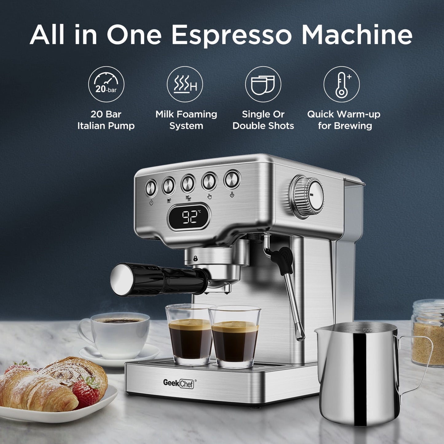 Geek Chef Espresso Machine, Cappuccino & Latte Machine with ESE POD Filter & Milk Frother Steam Wand, Accurate Temperature & Time Control, Compact Coffee Machine for Home,Stainless Steel