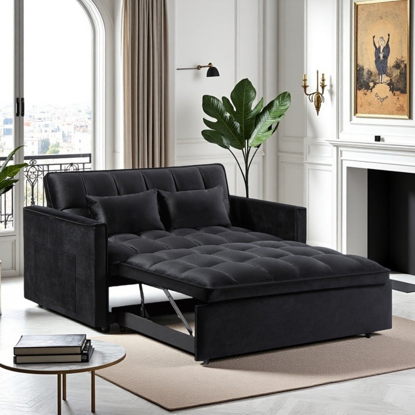 Gewnee 3-in-1 Convertible Sleeper Futon Sofa Bed – 55" Velvet Loveseat with Reclining Backrest, Side Pockets & 2 Toss Pillows – Pull-Out Couch for Living Room, Apartment, Dorm （Blue）