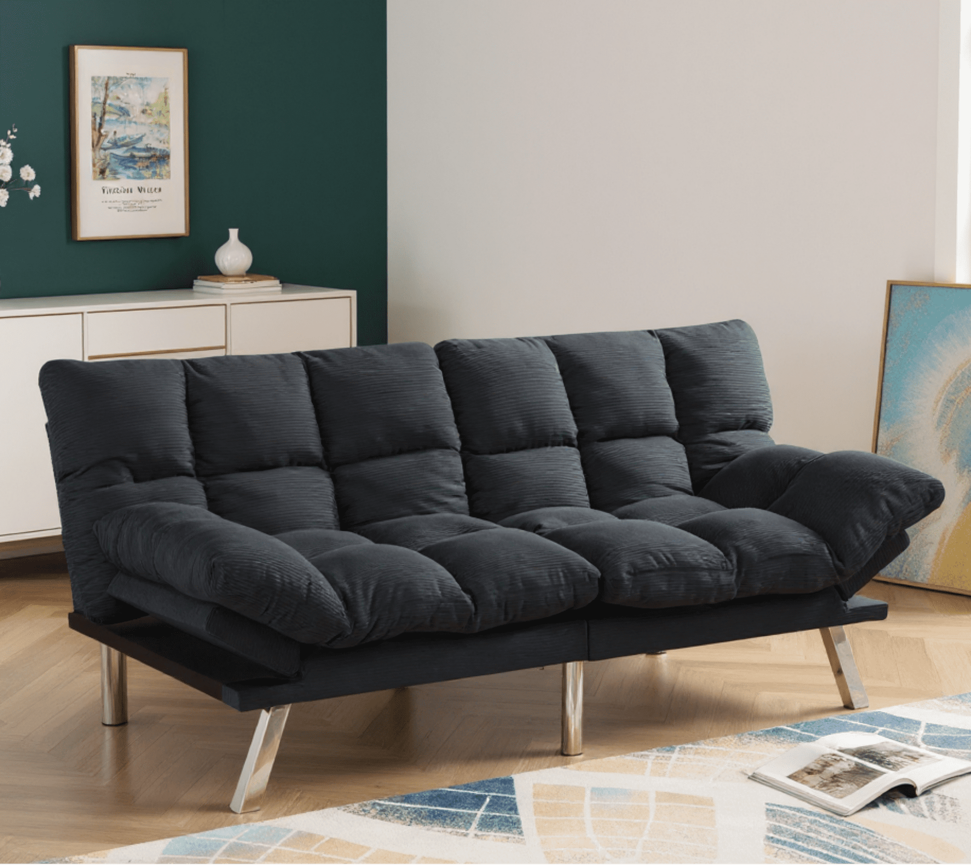 Gewnee 67.3 Inch Futon Sofa Bed, Corduroy Fabric Sleeper Sofa, Modern Loveseat for Apartments and Offices, Adjustable Backrest and Armrests.Dark Grey