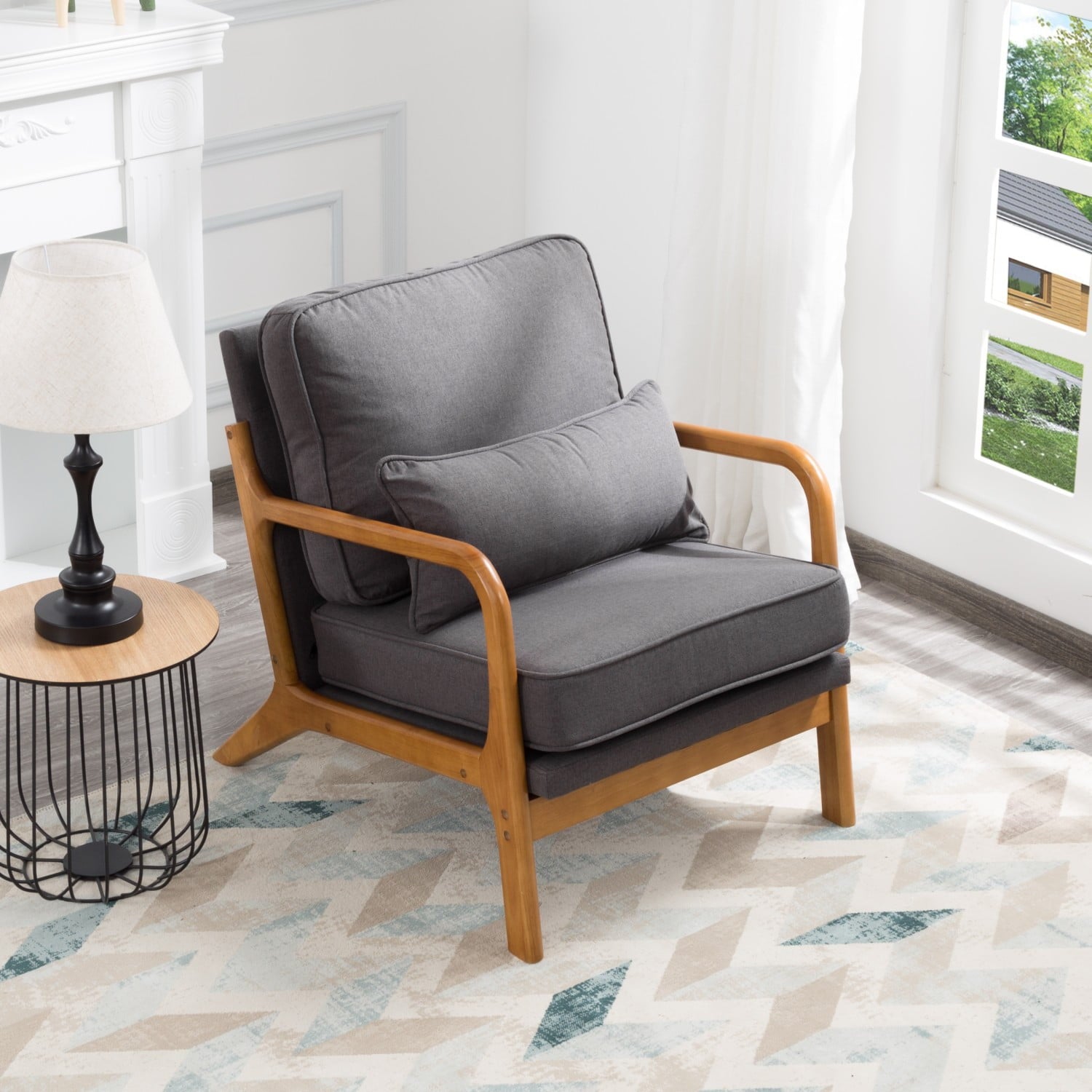 Gewnee Accent Chair Mid-Century Modern Chair with Pillow Upholstered Lounge Arm Chair with Solid Wood Frame & Soft Cushion for Living Room, Bedroom, Balcony