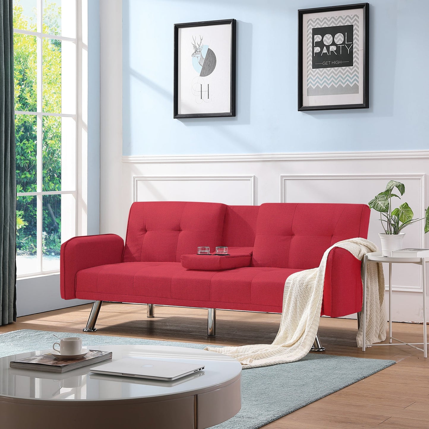 Gewnee 74.4” Futon Sleeper Sofa Bed with 3-Angle Adjustable Backrest, Dark Grey Linen Upholstery, Twin Sleeper with Cup Holders for Home, Office, Guest Room(Red）