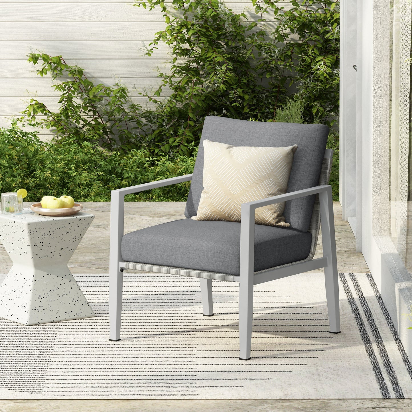 Hayes Modern Outdoor Patio Aluminum Rope Accent Lounge Chair with Cushions, White+Grey