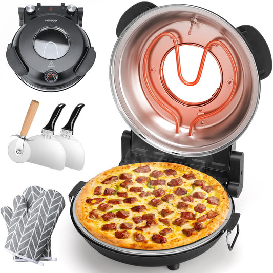 HomCozy Electric Pizza Oven Indoor with Glazed Ceramic 12-Inch Portable Countertop Pizza Maker with Adjustable Timer, 1200W Heat up to 800°F Pizza Maker with Viewing Window for Home DIY Pizza C95