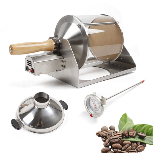 Home & Commercial Coffee Bean Roaster, Coffee Roasting Machine 30R/MIN 12V Silver Bean Nuts Roasting Baking Machine with Wooden Handle