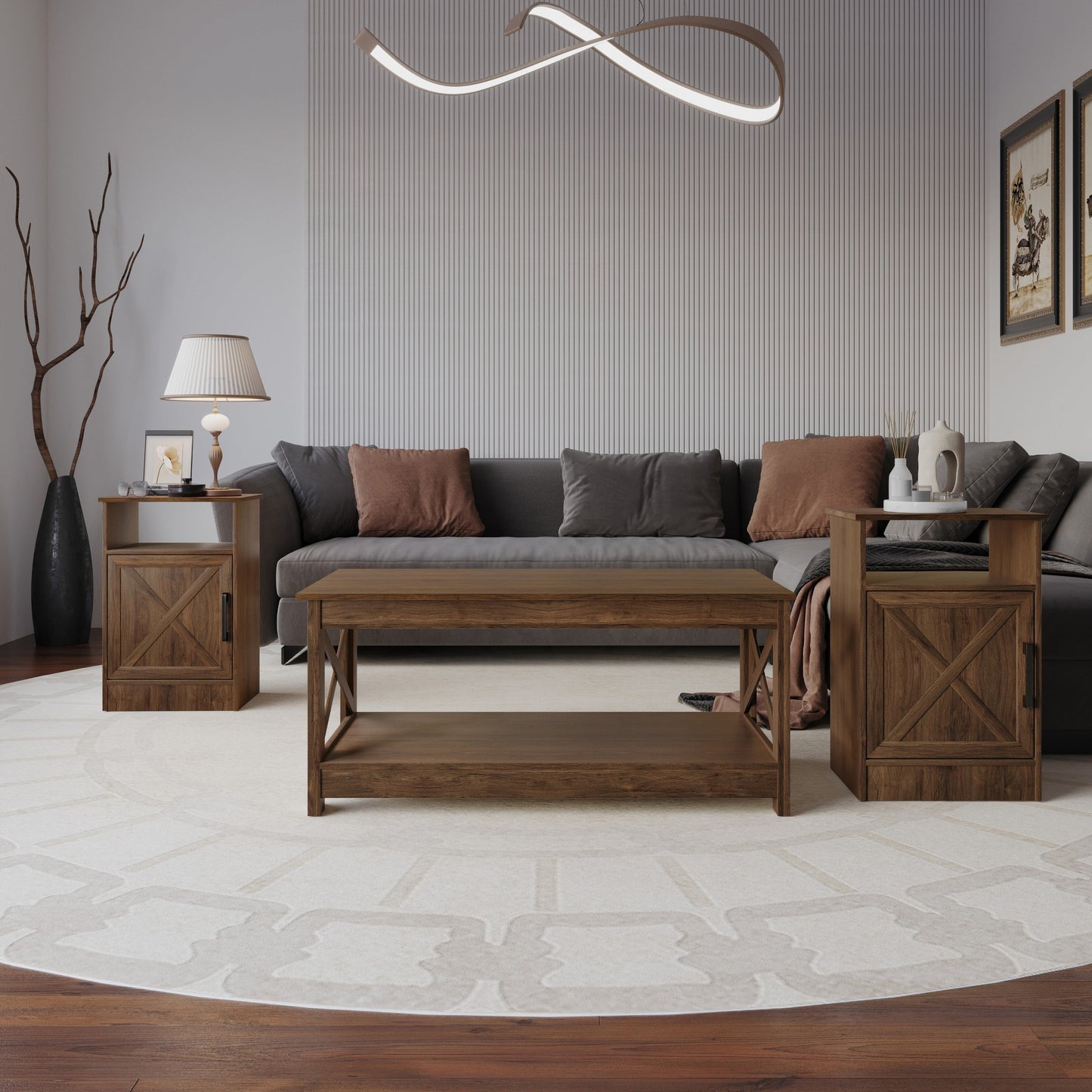 Home Design Lebanon 3 Piece Coffee Table Set - Includes coffee table and 2 end tables, With Soft-Close Doors, Brown/Light Gray, Easy Assembly