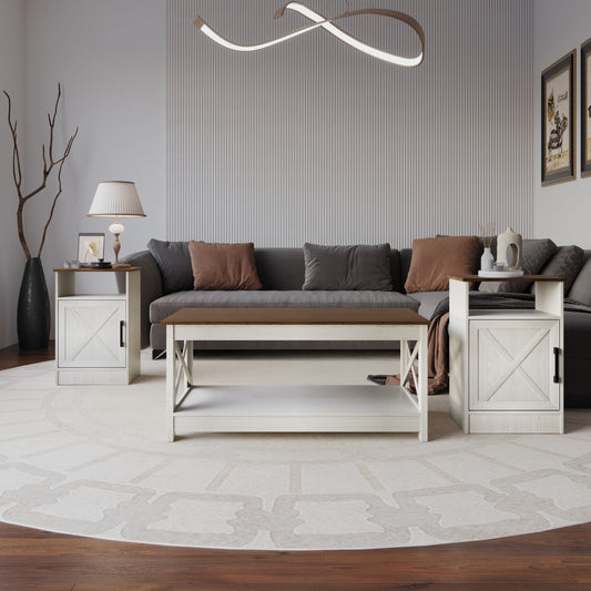 Home Design Lebanon 3 Piece Coffee Table Set - Includes coffee table and 2 end tables, With Soft-Close Doors, Brown/Light Gray, Easy Assembly