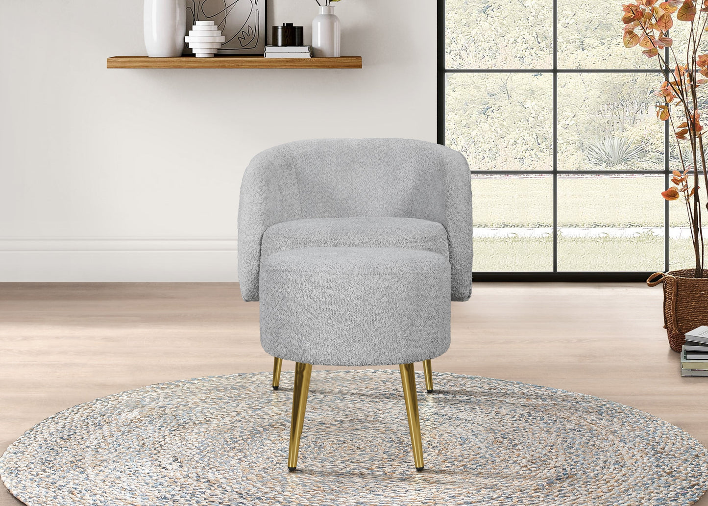 Home Design Molly Boucle Fabric Arm Chair with Ottoman, Barrel Back and Gold Metal Legs, Modern Upholstered Seating for Living Room, Gray